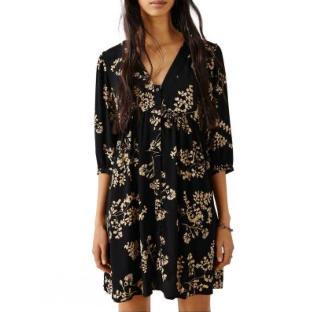 ba&sh Suzy Mini Dress in noir black yellow and cream botanical floral print
